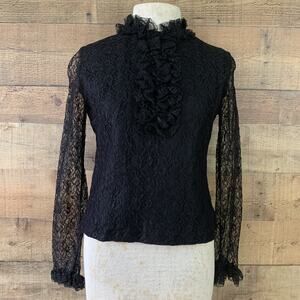 Vintage 1960’s Mod Black Lace Back Button Ruffled Lace Blouse Size S/34